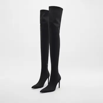 Новые женские туфли На высоком тонком каблуке, черные облегающие ботфорты с запахом выше колена, Стрейчевые сапоги выше колена 12