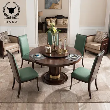 Роскошный обеденный стол из массива дерева в американском стиле, круглый стол с поворотным кругом, гостиничный обеденный стол, комбинация стола и стула для столовой 21