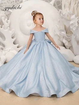 Синие платья с цветочным узором для девочек, Элегантное атласное бальное платье принцессы для детей, платье для вечеринки по случаю Дня рождения, простое платье с бантом для Первого причастия 17