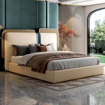 Современная итальянская роскошная мебель для спальни с высоким изголовьем, обитая кожей Master King Size, изготовленная на заказ. 19