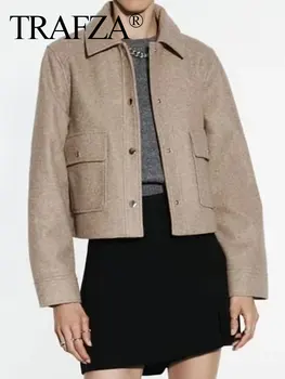 TRAF ZA Зимние пальто для женщин 2023 года, хлопковые двухцветные куртки, женские куртки на пуговицах, удобные винтажные женские новинки в пальто. 12