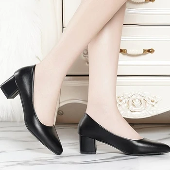 Женские тонкие туфли 2023, Весенняя новинка, модные женские туфли на массивном каблуке с острым носком для работы в офисе, женские туфли-лодочки на низком каблуке 17