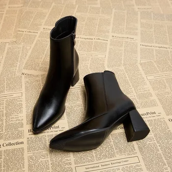 Весенне-осенние новые тонкие женские ботинки в британском стиле с острым носком и боковой молнией, черные женские ботинки телесного цвета 19