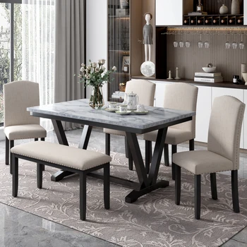 Белый обеденный стол в современном стиле из 6 предметов с 4 Стульями и 1 скамейкой, Столешница из мраморного шпона и V-образные ножки стола 17
