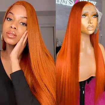 Высококачественный имбирно-оранжевый синтетический парик с кружевом спереди, бесклеевые прямые волосы из термостойких волокон, предварительно выщипанные по линии роста волос Для женщин 18