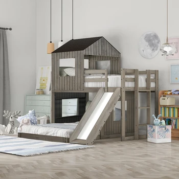 Серая деревянная двухъярусная кровать с двумя односпальными кроватями, кровать-чердак с игровым домиком, Фермерский дом, лестница, горка и ограждения 22
