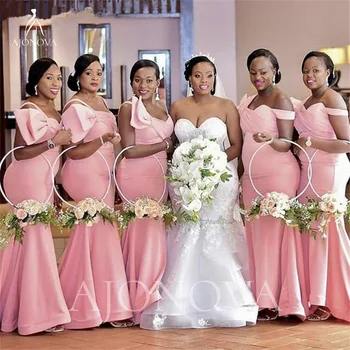 Розовые атласные платья для свадебной вечеринки, платья подружек невесты в стиле русалки с большим бантом, элегантное длинное свадебное платье для гостей, свадебные вечерние платья 9