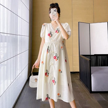 В корейском стиле, свободное модное платье для беременных с цветочным рисунком, короткий рукав, V-образный вырез, Китайский узел, ширинка на пуговицах, платье с вышивкой для беременных 11