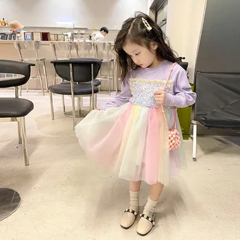 Весна и осень 2023, новая мода для девочек в корейском стиле, модные рукава-пузыри, Красочное сетчатое платье принцессы 19