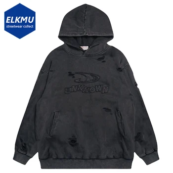 Винтажная Черная Рваная толстовка с надписью Harajuku, уличная одежда Оверсайз, хип-хоп Толстовка, Свободный пуловер, толстовка 16