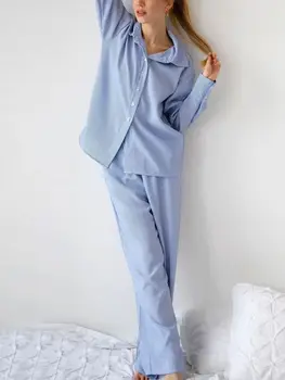 Летняя рубашка с длинными рукавами в синюю полоску, прямые брюки, комплект из двух предметов, женская модная однобортная рубашка, женская домашняя одежда 12