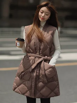 Новый зимний женский жилет с хлопковой подкладкой, теплое длинное пальто, куртка без рукавов с V-образным вырезом, пальто на шнуровке, модная свободная женская верхняя одежда 12