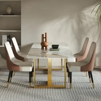Сочетание обеденного стола и стульев из скандинавской современной каменной доски, Прямоугольная Передвижная кухонная мебель Mesa De Jantar