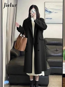 Классический Черный Свободный повседневный женский тренч Jielur, Корейский осенний модный однотонный тонкий шикарный женский тренч с карманами на пуговицах, 2 цвета 1