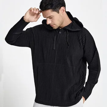 Плиссированные свитера Miyake, мужская одежда, осенне-зимнее пальто с капюшоном, однотонный дышащий свободный топ для отдыха на завязках 18