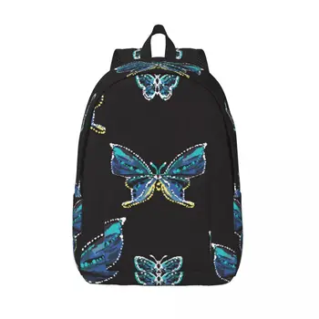 Школьный рюкзак, студенческий рюкзак с вышивкой и стразами, синий рюкзак с бабочками, сумка для ноутбука, школьный рюкзак 15