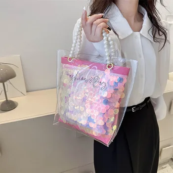 Новая модная сумка для женщин, экологичная Роскошная дизайнерская сумка с блестками, Прозрачная женская повседневная пляжная сумка для покупок из ПВХ 8