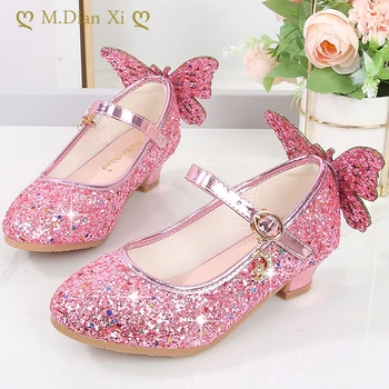 Кожаные туфли принцессы с бабочкой, детские туфли с бриллиантовым бантом на высоком каблуке, блестящие туфли для танцев для девочек, модная танцевальная обувь для девочек 12