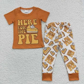 Оптовая продажа Оранжевой рубашки с короткими рукавами для маленьких мальчиков, Осенний комплект, Штаны с карманами для малышей, Бутик Одежды для младенцев на День Благодарения