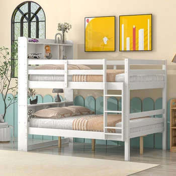 Двухъярусные кровати с изголовьем из Книжного шкафа, Каркас кровати из массива дерева с защитными перилами и стремянкой, для мебели спальни, Белый 21