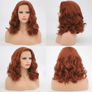 Медно-Красно-Оранжевый Парик из синтетических волос на кружеве Спереди, Короткая Глубокая волна, Термостойкие Волокнистые волосы, Натуральная линия роста волос Сбоку Для женщин 16