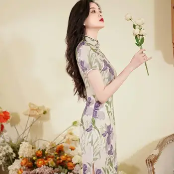Yourqipao 2023 Летнее Платье Ципао Средней длины в Китайском Стиле, Атласное, Плюс Размер, Ретро-Модное Платье Ципао для Женщин 21