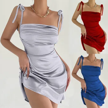 Женская весенне-летняя атласная однотонная сексуальная плиссированная юбка с плечевым ремнем