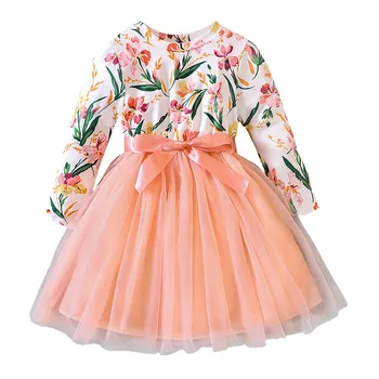 Платье с цветочным принтом и длинными рукавами для маленьких девочек, платья для танцевальных вечеринок, одежда на 2 дня рождения, винтажное платье для девочек 22