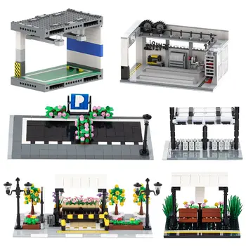 Серия MOC City Автомобильная станция, гараж, автостоянка, Автобусная остановка, Кирпичные строительные блоки с видом на улицу, развивающие игрушки для детей и друзей 10