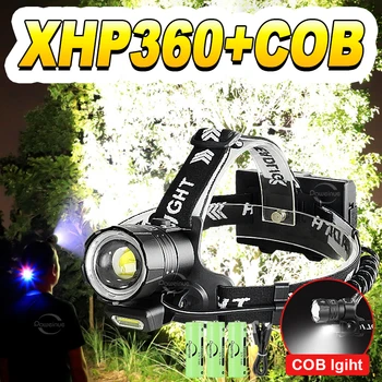 Новейшая мощная светодиодная фара XHP360 COB, перезаряжаемый налобный фонарик, мощная фара 18650, рыболовные налобные фонари, фонарь 21
