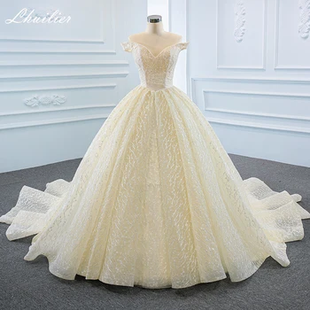 Элегантное бальное платье Lhuillier, кружевные свадебные платья цвета шампанского, длина до пола, с открытыми плечами, свадебное платье со шлейфом в виде часовни 19