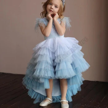 Светло-голубое многоуровневое платье с цветочным узором для девочек, аппликации на день рождения малыша, платья для свадебных вечеринок, показ мод на заказ 17