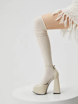 Женские осенне-весенние хлопчатобумажные носки CHAOZHU с высокой эластичностью, Однотонные, черные, Белые, серые Носки выше колена, Свободные носки Unif 18