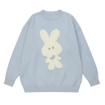 Осенне-зимний мужской свитер с вышивкой мультяшного кролика, удобный повседневный свободный вязаный пуловер Harajuku для пары с Хай-стрит 21