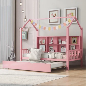 Розовая деревянная двуспальная кровать для дома с выдвижным ящиком, детская кровать с полкой, для мебели для спальни в помещении 22