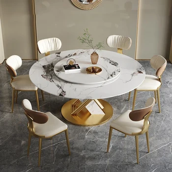 Круглый стол с поворотом на 360 °, гладкий поворотный стол, дизайнерская обеденная мебель из нержавеющей стали, кухонный стол и стул из каменной плиты 21