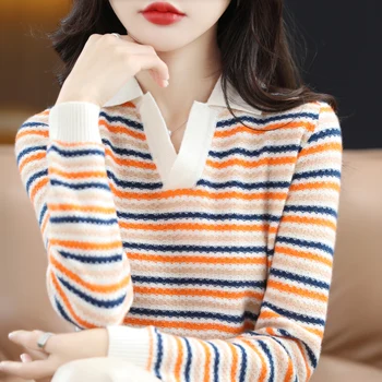 Осенне-зимний женский новый пуловер 2023, повседневный свитер поло из 100% шерсти, мягкая и дышащая блузка 11