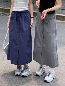 Длинная юбка-карго HOUZHOU, женская летняя одежда 2023, повседневная юбка миди с разрезом спереди и завязками на шнурках, Корейская уличная одежда 13