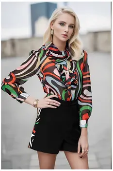 QQ7341 Рубашка с оборками со смешанным принтом, стильные шорты, универсальный комплект из двух предметов для женщин на лето и осень 2023 г. 16
