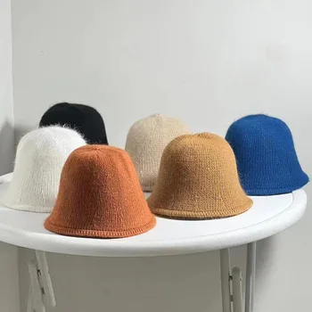 Новая вязаная панама из мягкой Кроличьей шерсти Женская зимняя шапка Теплая Модная 2023 15