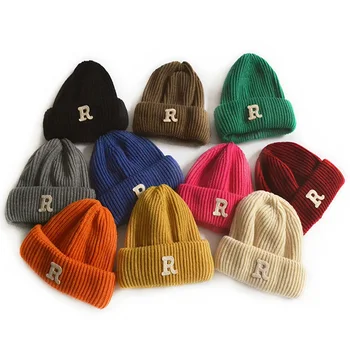 Осенне-зимние теплые вязаные детские шапки, однотонная кепка, детские шапочки для отдыха, детская классная кепка для мальчиков и девочек 15