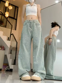 Винтажные простые джинсы Sweet Pearl Summer, женские повседневные универсальные уличные брюки Y2k, японские прямые широкие брюки в стиле гранж. 4