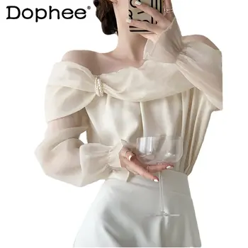 Блузка с открытыми плечами во французском стиле, женская сетка 2023, Ленивая Весна-лето, Длинные рукава, открытая ключица, Элегантная шифоновая рубашка 3