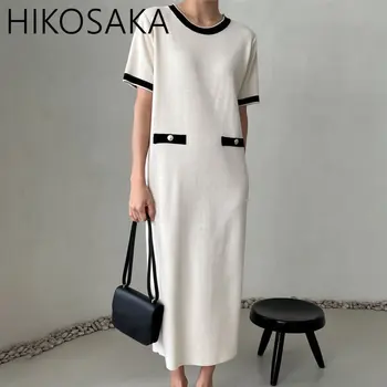 Элегантное Свободное платье с круглым вырезом Контрастного цвета, Прямой Свободный халат с коротким рукавом, Корейское Шикарное Летнее платье из шелка льда, Вязаное Vestidos Mujer 13