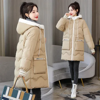 Пуховая хлопчатобумажная куртка Женская Корейская версия средней длины, свободная стеганая куртка с капюшоном, Зимнее женское новое утолщенное пальто, кардиган 2022 года. 19