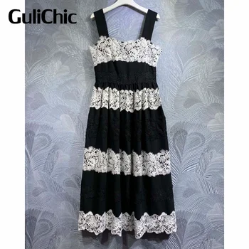7,19 GuliChic Женское Винтажное Модное Черное Белое кружевное Элегантное платье в стиле пэчворк с тонкой талией на тонких бретельках 21