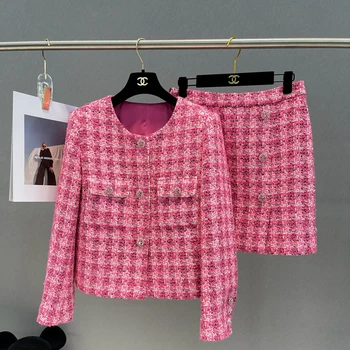 Роскошная дизайнерская одежда для женщин Осень зима, элегантные розовые шерстяные пальто и юбки, комплекты из 2 предметов, женская одежда Conjuntos Cortos 19