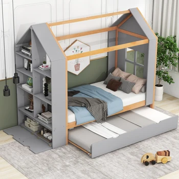 Кровать Twin Size, Домашняя Кровать-платформа с Полками Для хранения и Чемоданом Twin Size, Домашняя кровать с Несколькими местами для хранения в детской спальне 21