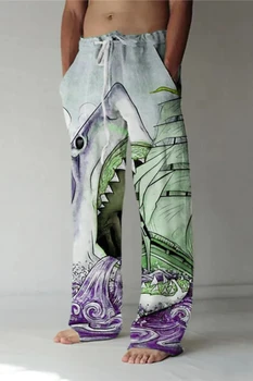 С рисунком акулы, мужские танцевальные свободные брюки с высокой талией вне поездки, повседневный стиль S-3XL 1
