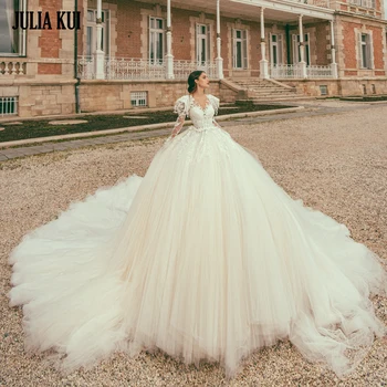 Julia Kui Роскошный Шелковистый тюль с вышивкой и аппликациями, кружевное пышное бальное платье, свадебные платья с пышными рукавами для невест 2